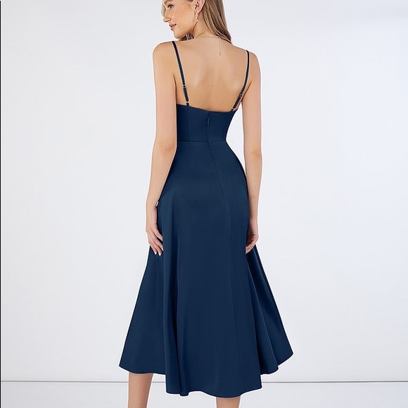 Azazie Navy Elma Stretch Satin Dress - Picture 2 of 6